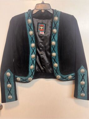 Navy Velvet and Teal Embroidered Cropped Jacket